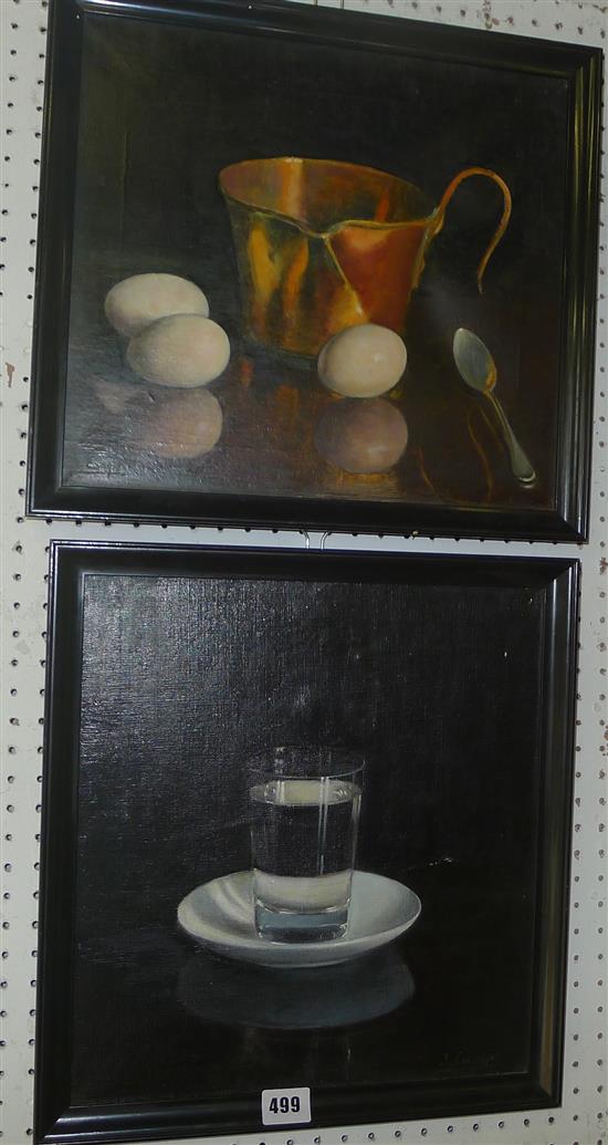 J. Camps, oil on canvas, still life of a glass of water, eggs and saucepan